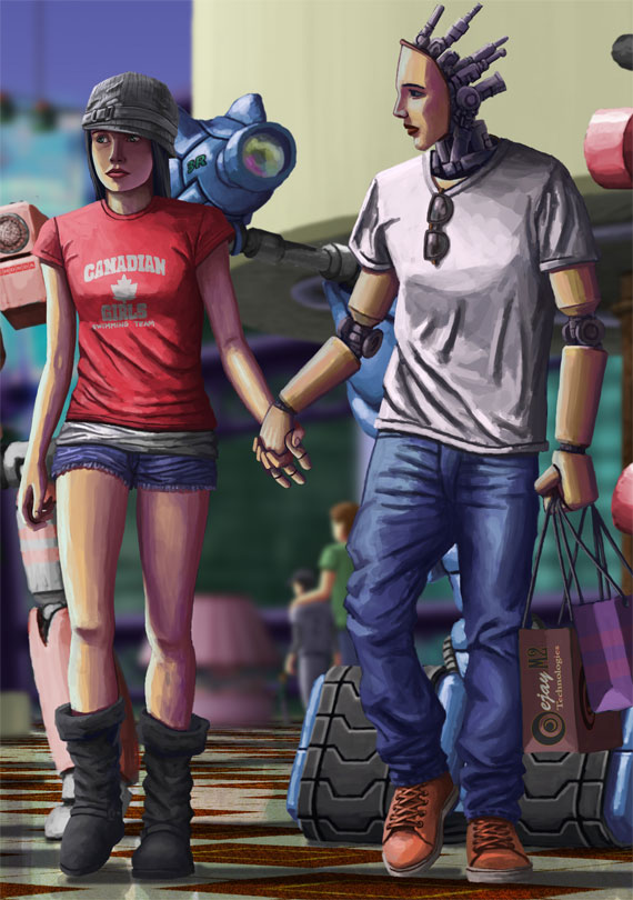 Painting of a robot and his human girlfriend