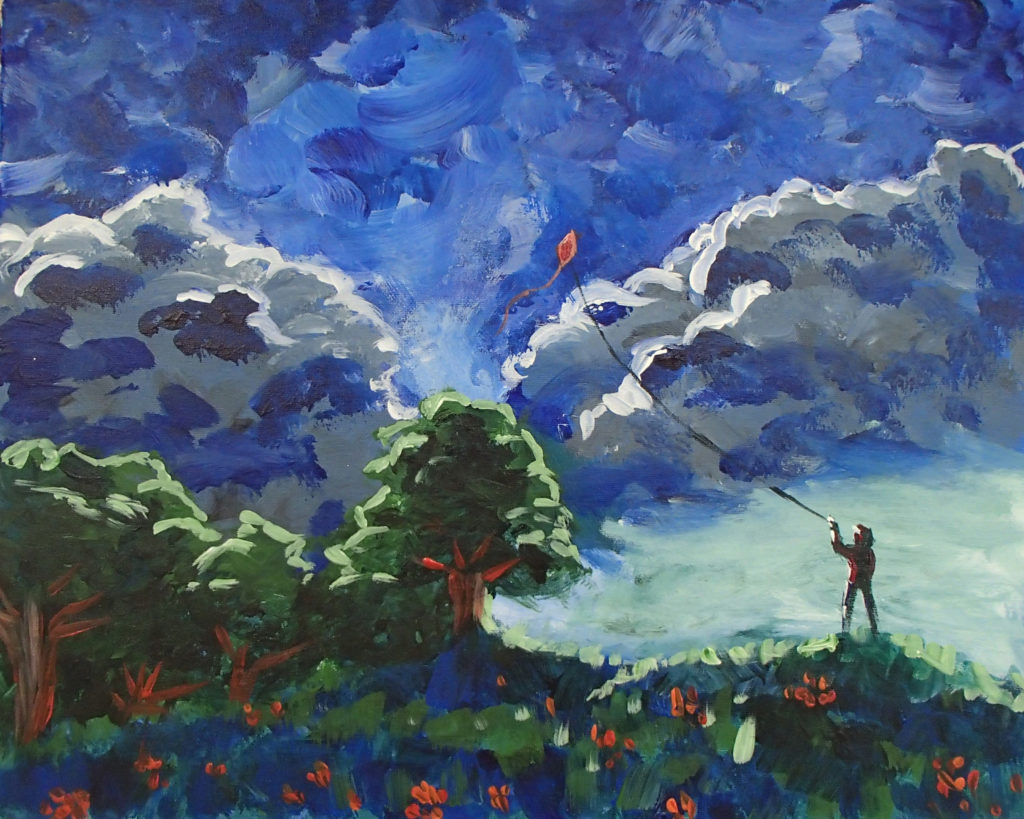 painting of a kite flyer before a storm